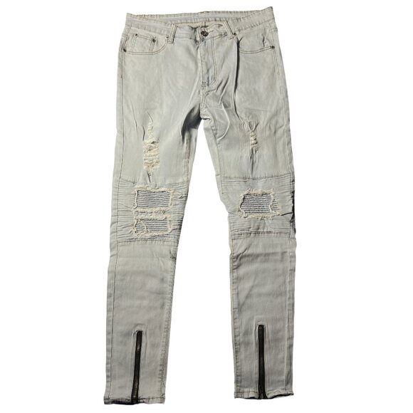 Men’s Distressed Light Blue Zipper Skinny Jeans - Picture 1 of 2